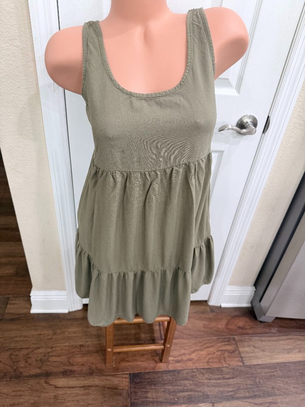 Justify S Olive Green Tiered Mini Dress Tunic 100% Rayon Boho